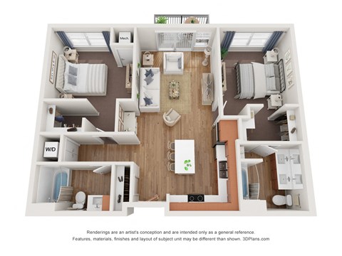 Floor plan for 2 beds, 2 baths, 1005 sqft